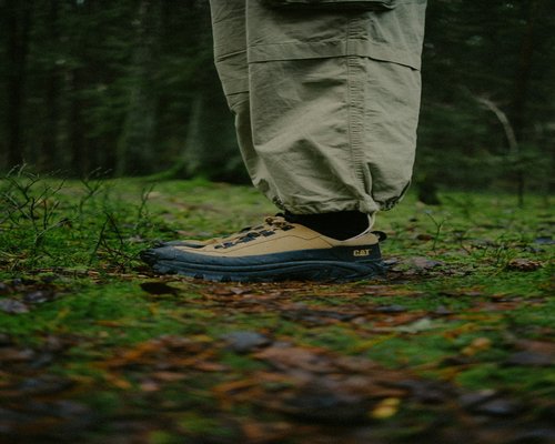 Person wearing comfortable sneakers walking on a forest path